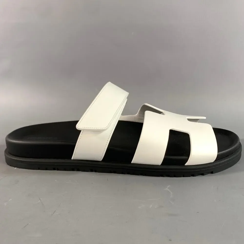 HERMES Size 9 White Black Leather Sandals
